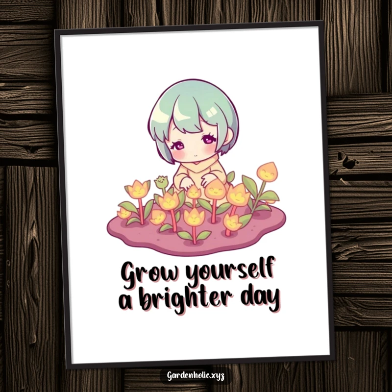 Funny Free Printable Wall Art: A character happily tending a patch of ethereal glowing plants, creating a magical and humorous downloadable art piece.