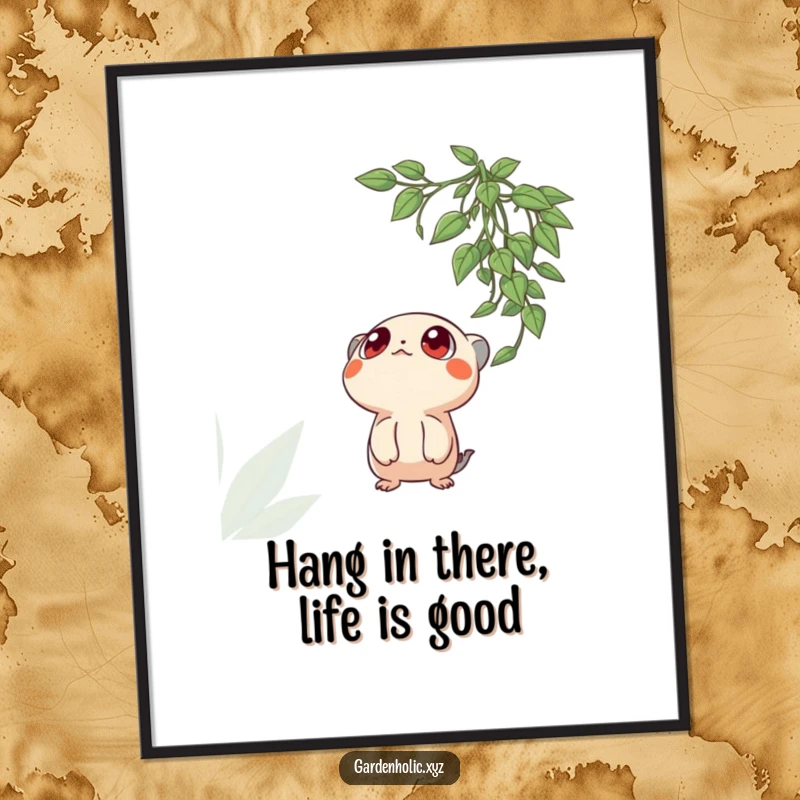 Funny free printable wall art of a creature with large, expressive eyes looking up in awe at a dangling plant.
