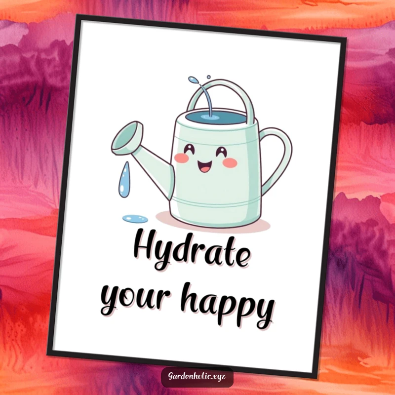 Funny Free Printable Wall Art: A watering can with a tiny, delighted face, humorously spilling water onto its own spout.