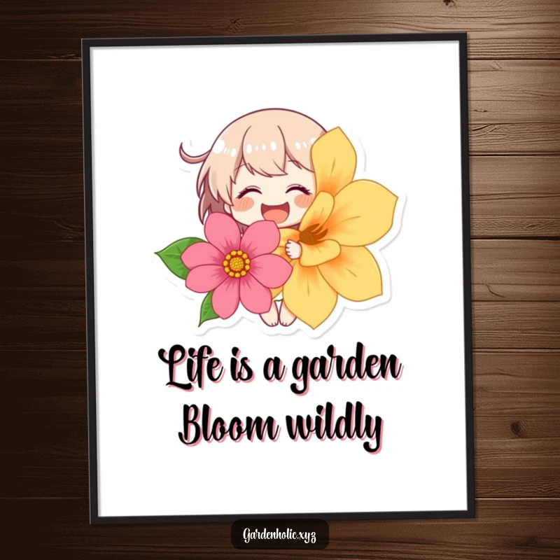 Funny Free Printable Wall Art: A character captured in a moment of giggling joy holding a large, colorful flower.
