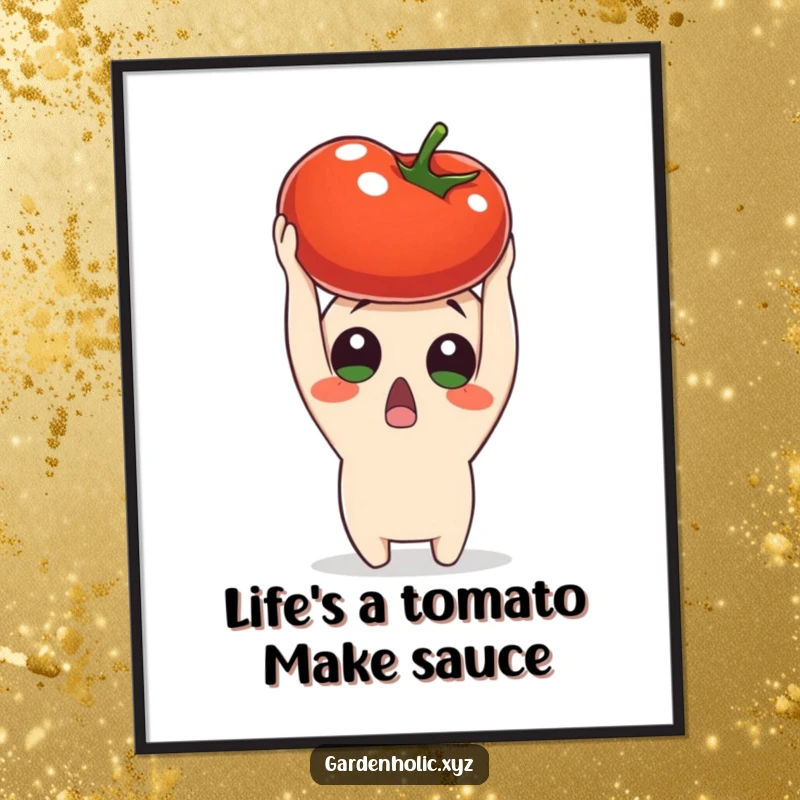 Funny Free Printable wall art of a surprised character holding a ripe red tomato above their head with great delight.