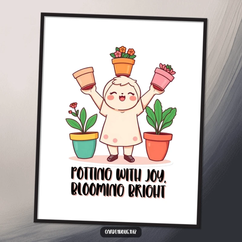 Funny Free Printable Wall Art: Playful character cheerfully juggles three colorful flower pots, creating a vibrant and whimsical decorative piece.