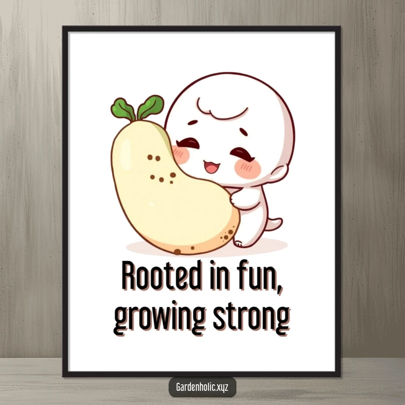 Funny Free Printable Wall Art: A giggling character with earth smudges on its cheek looks with delight at a large, plump vegetable.