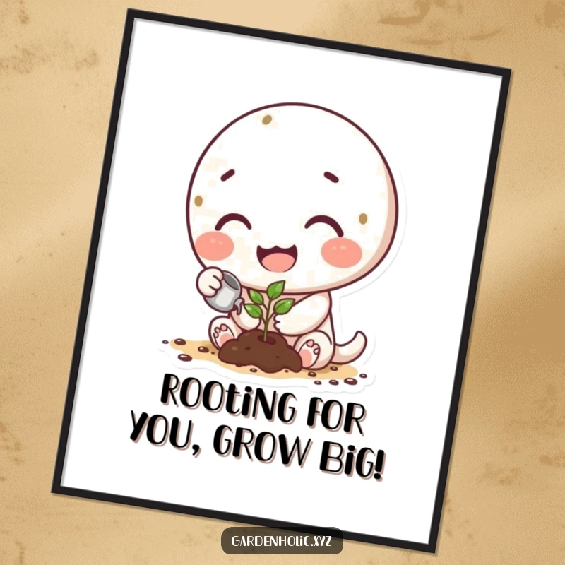 Funny Free Printable Wall Art: Happy character with dirt smudges on cheeks watering a tiny green sprout.