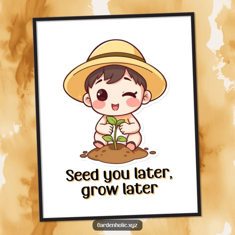 Funny Free Printable Wall Art: A character in a sun hat winking slyly while planting a tiny seed, a humorous and charming downloadable art piece.