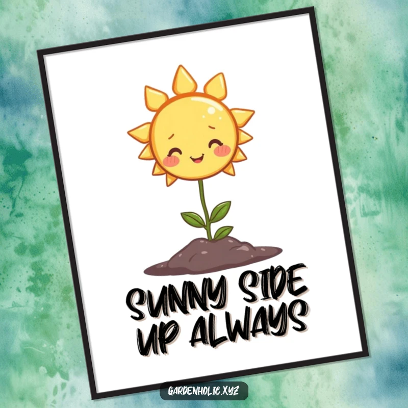 Funny Free Printable Wall Art: A smiling sun shines brightly on a small, happy plant, radiating warmth.