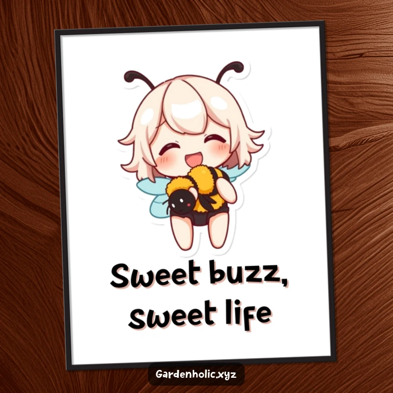 Funny Free Printable Wall Art: A character giggles with delight, holding a small, buzzing bumblebee, creating whimsical decor.