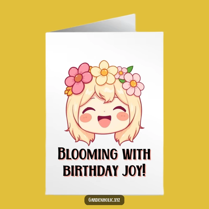 Free Printable Happy Birthday Card: Flower Crown Joyful Character, Cheerful Downloadable Gift!