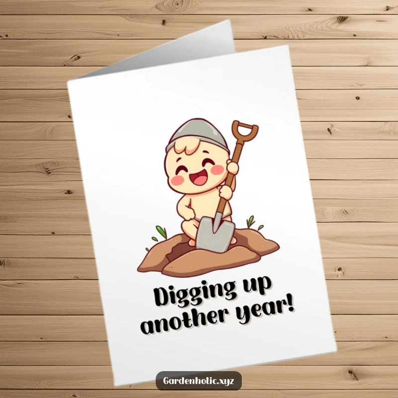 Funny Free Printable Birthday Card: Beaming character with a spade, enthusiastically digging a perfectly round hole.