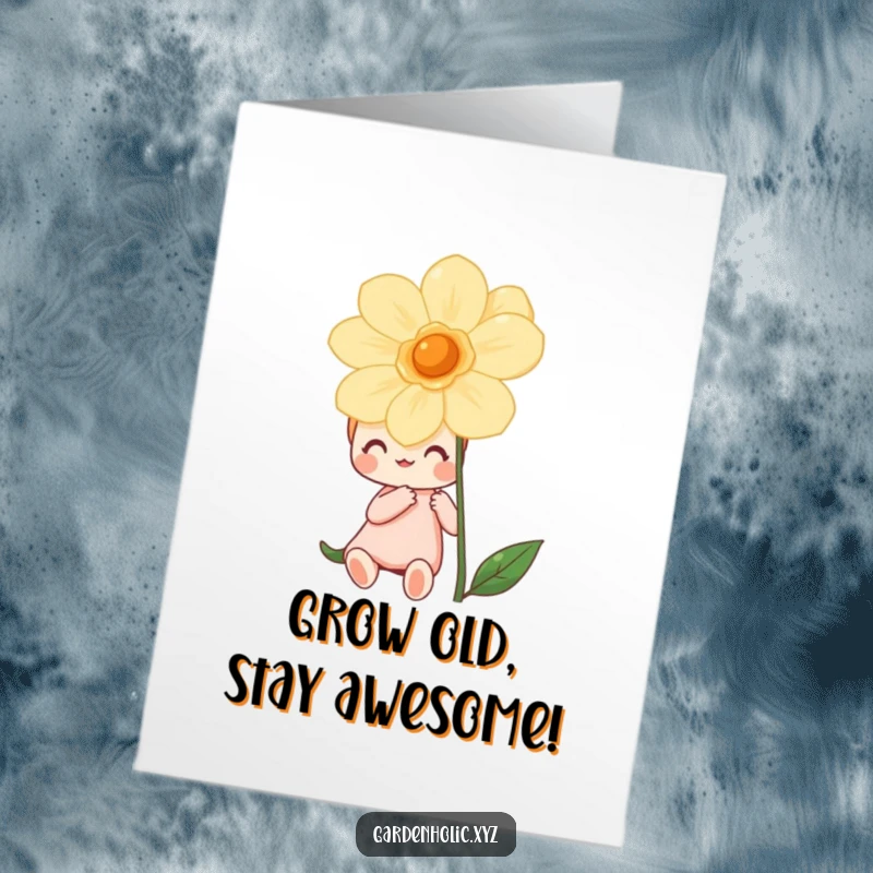 Funny Free Printable Birthday Card: Cheerful character admiring a giant, vibrant flower, symbolizing growth and joy.