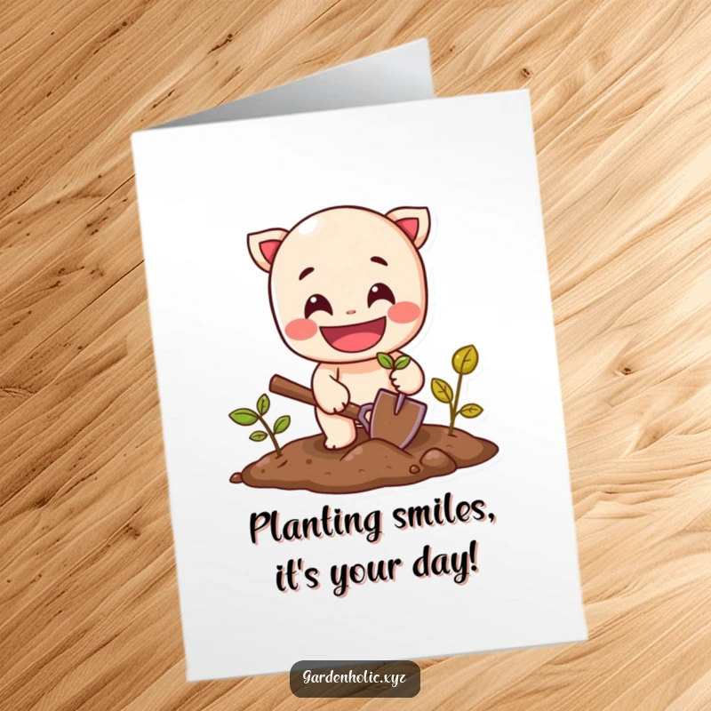 Funny Free Printable Birthday Card: Cheerful character with wide grin planting a seed with a small shovel.