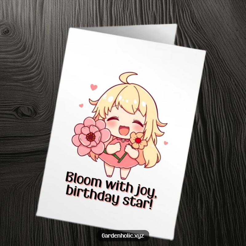 Funny free printable birthday card featuring a cute character beaming while holding a vibrant, blooming flower.