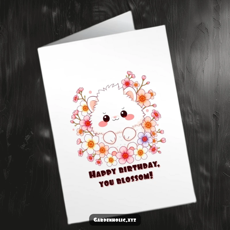 Funny Free Printable Birthday Card: Fluffy creature surrounded by colorful blossoms, spreading birthday joy.