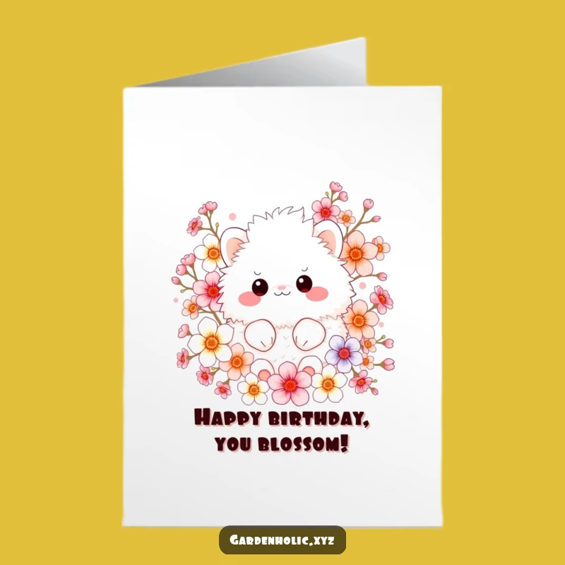 Free Printable Birthday Card: Fluffy Blossom Creature Fun Downloadable Gift