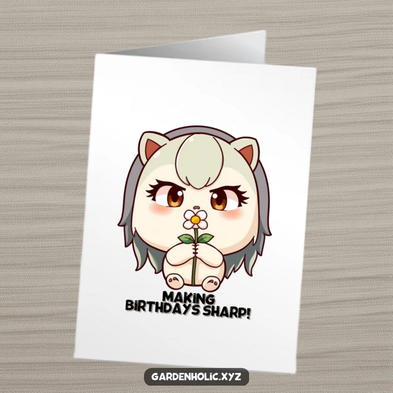 Funny Free Printable Birthday Card: Determined character with focused eyes pruning a tiny flower.