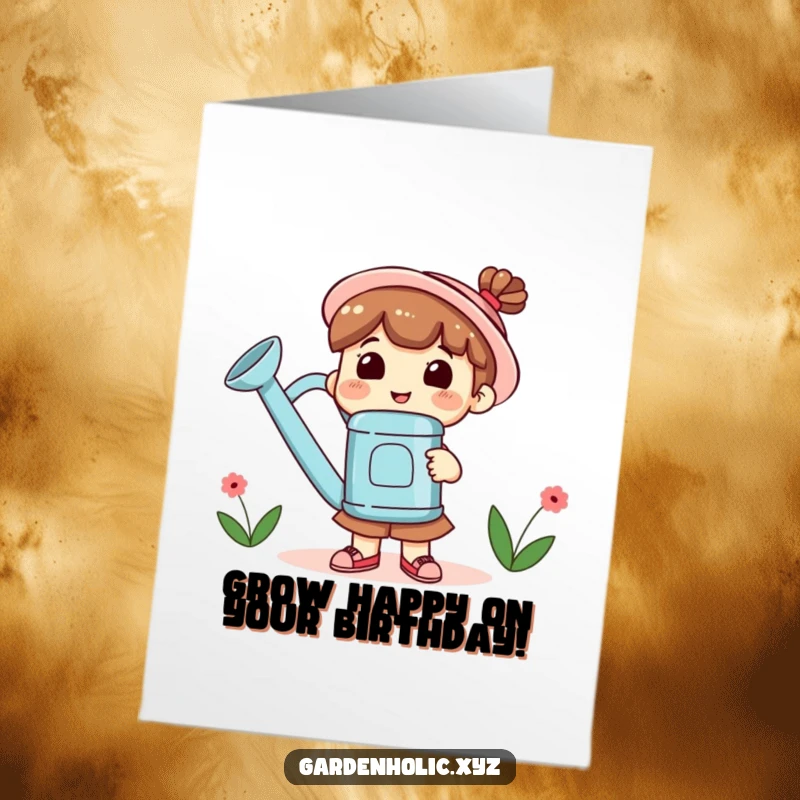 Funny Free Printable Birthday Card: Cute character with a big smile holding a giant watering can, ready to shower with birthday wishes.