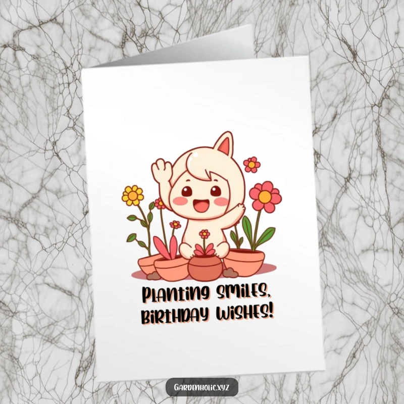 Funny Free Printable Birthday Card: A character waves with delight, surrounded by vibrant, smiling plants, exuding pure joy.