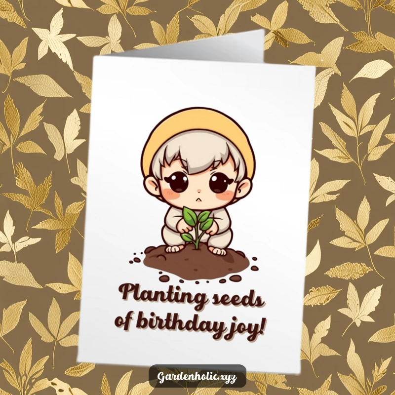 Funny Free Printable Birthday Card: Determined character planting a small seed with a hopeful face.