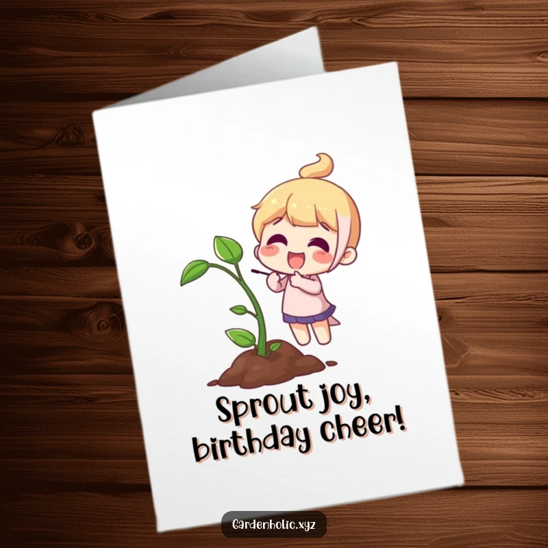 Funny Free Printable Birthday Card: A character joyfully points at a thriving sprout, celebrating new beginnings.