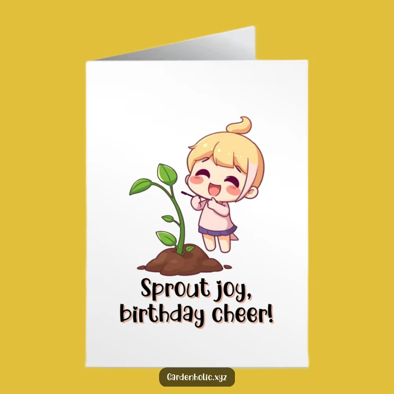 Free Printable Birthday Card: Joyful Sprout Character, Funny Growth Downloadable Gift