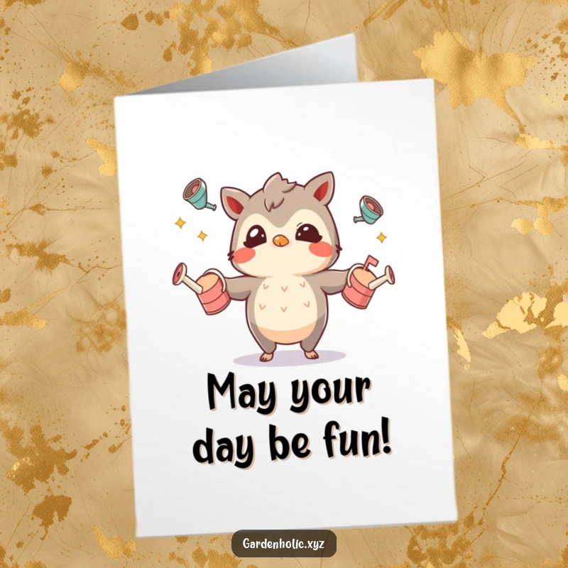 Funny Free Printable Birthday Card: Character with mischievous eyes juggles tiny watering cans, a playful birthday surprise.