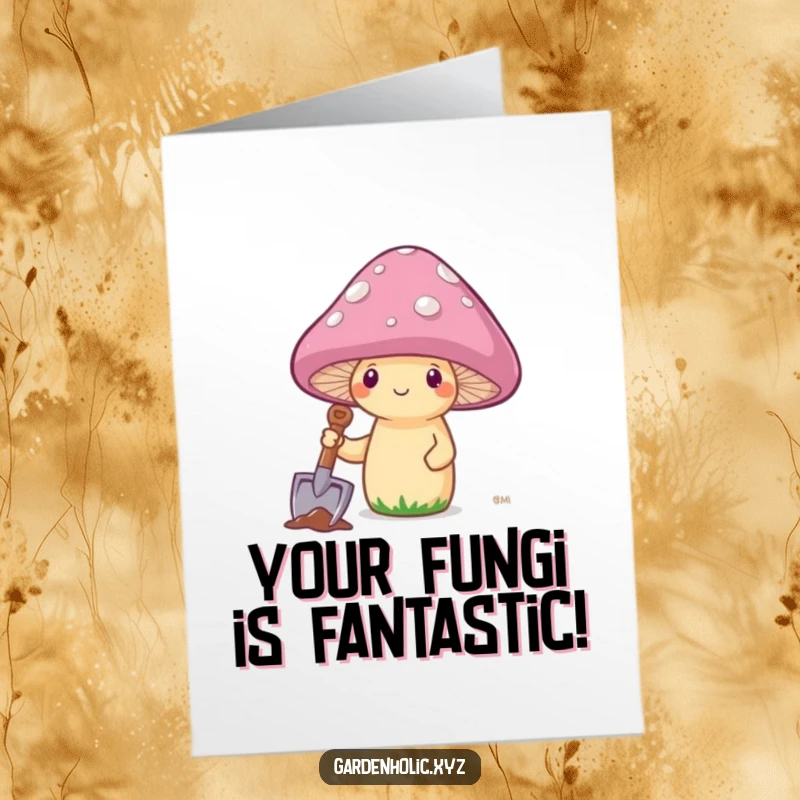 Funny Free Printable Birthday Card: Smiling mushroom with shovel planting its own cap, a whimsical and humorous occasion.