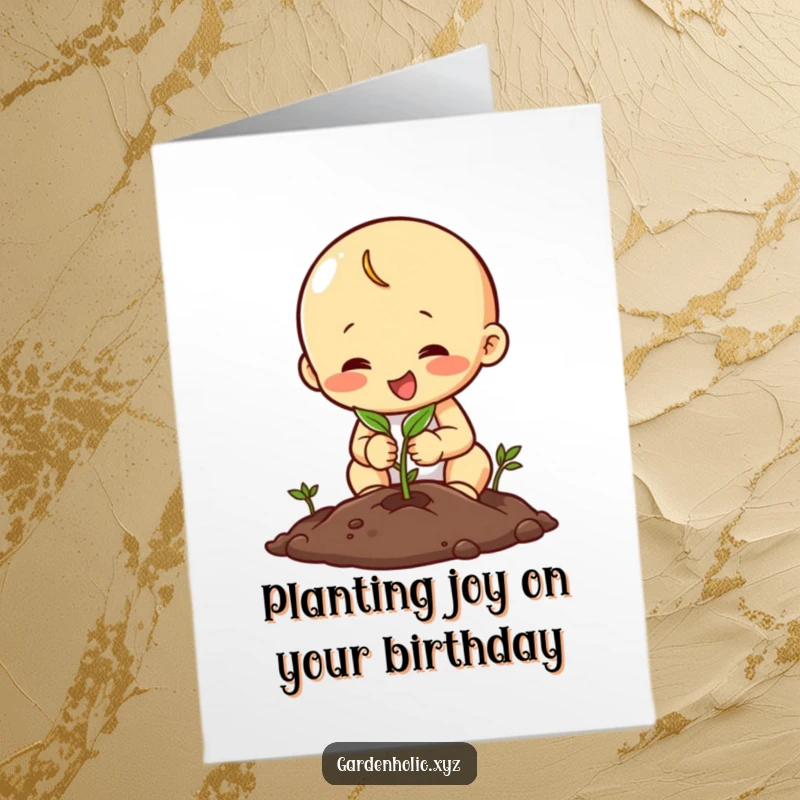 Funny free printable birthday card showing a happy character intently planting a seed with focused, determined effort.