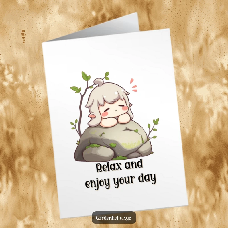 Funny Free Printable Birthday Card: Contented character sighs happily while resting on a soft, mossy stone.