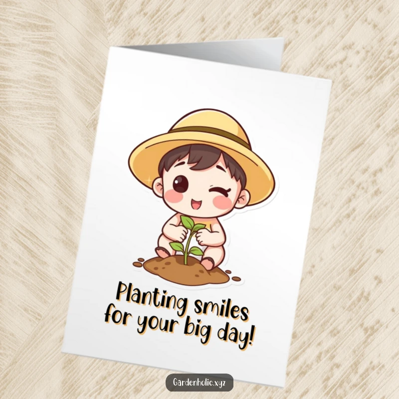Funny Free Printable Birthday Card: Character in sun hat winks while planting a seed, a playful birthday greeting, downloadable.