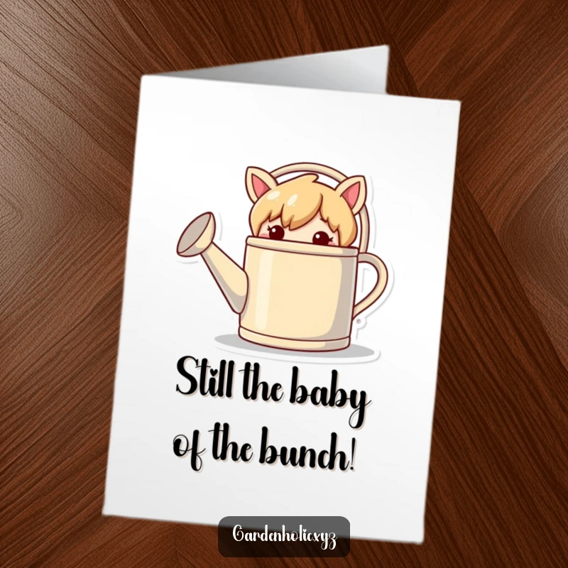 Funny Free Printable Birthday Card: Mischievous character peeking from behind a giant watering can, plotting fun.