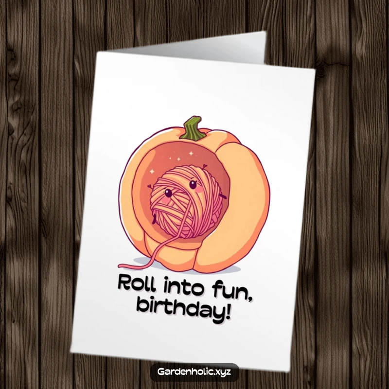 Funny Free Printable Birthday Card: Fuzzy yarn ball happily rolling downhill inside a giant pumpkin, celebrating a birthday.