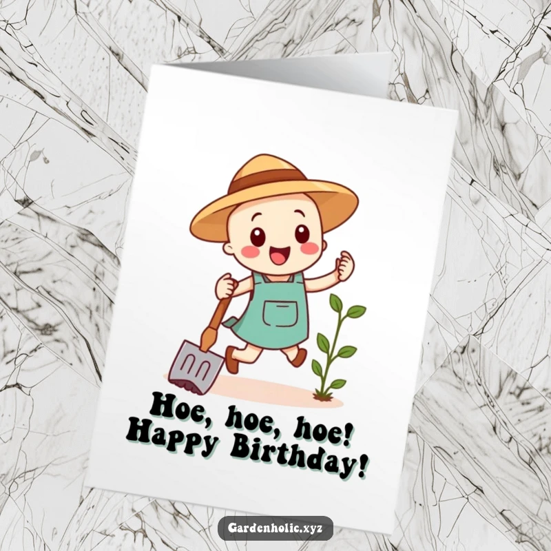 Funny Free Printable Birthday Card: A happy gardening hoe performs a cheerful hop, ready to deliver birthday wishes.