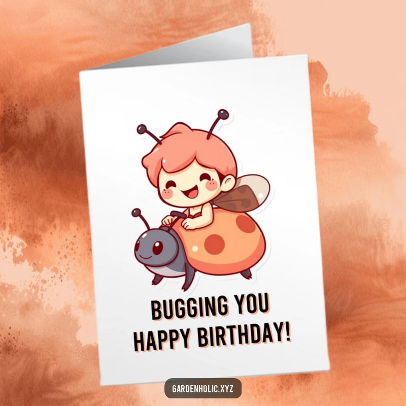 Funny Free Printable Birthday Card: Cheerful character grins while riding a friendly ladybug, symbolizing a happy journey.