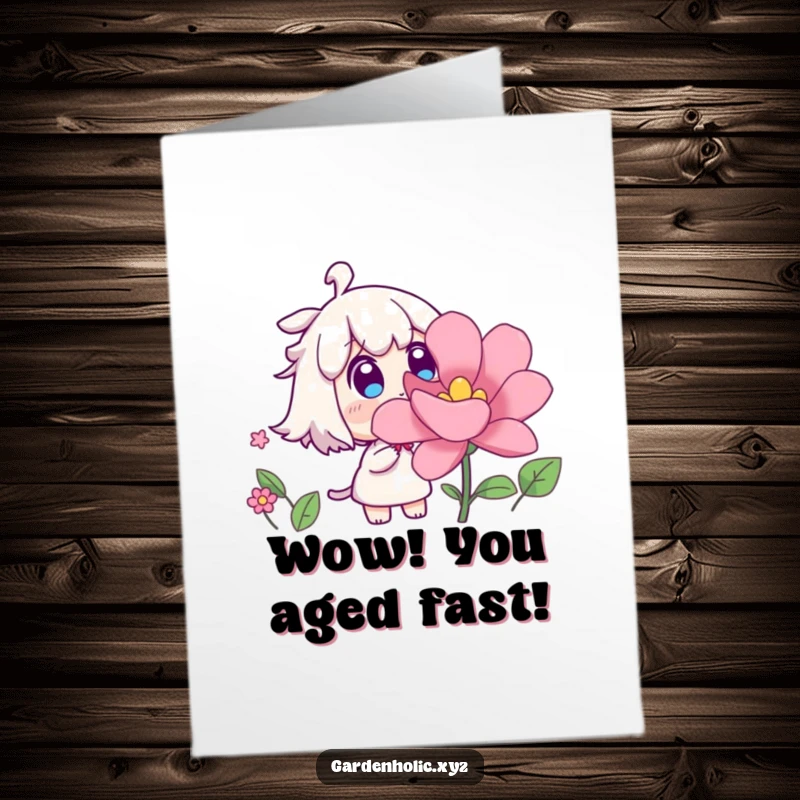 Funny Free Printable Birthday Card: Surprised character watches a flower bloom rapidly, symbolizing sudden joy.