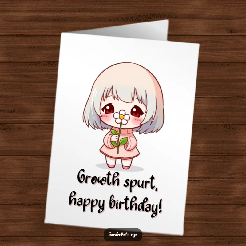 Funny Free Printable Birthday Card: A character beams with pride, holding a tiny, flourishing flower for a cheerful birthday greeting.