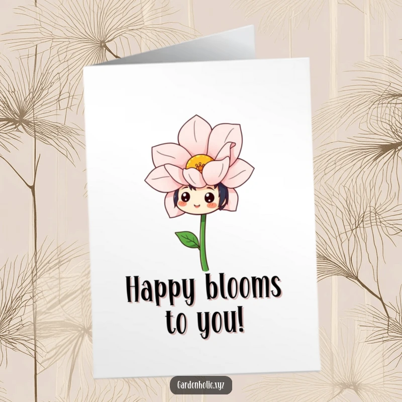 Funny Free Printable Birthday Card: Character beams with joy admiring an enormous, vibrant flower in full bloom.