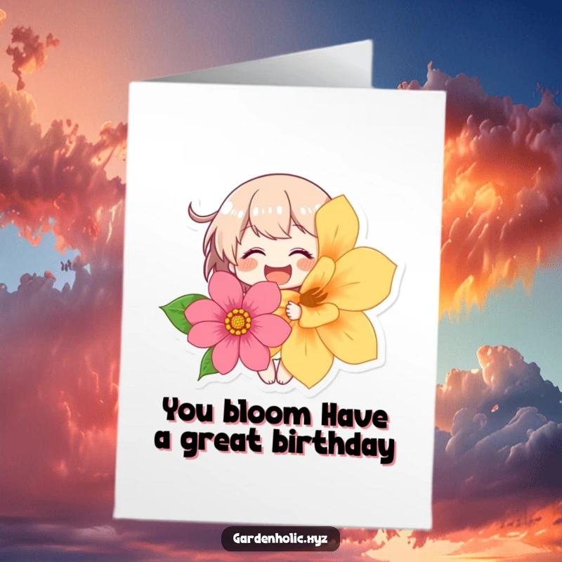 Funny Free Printable Birthday Card: A character giggling gleefully while presenting a large, colorful flower.