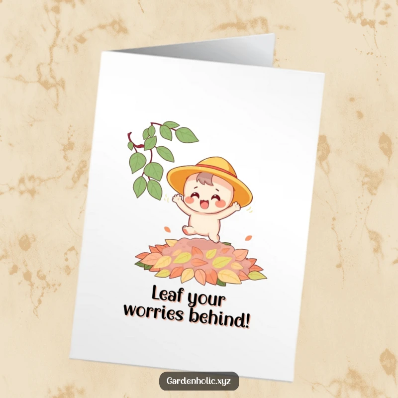 Funny Free Printable Birthday Card: Joyful character in a sun hat bouncing on a pile of plush autumn leaves.