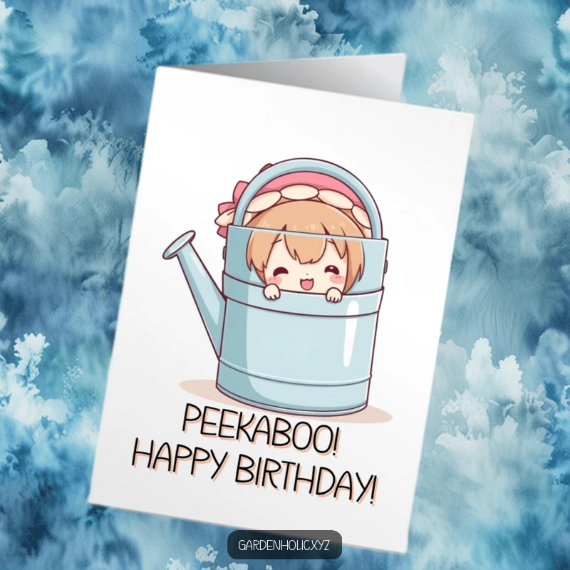 Funny Free Printable Birthday Card: A cheerful character peeking out from behind a massive watering can, with a mischievous smile.