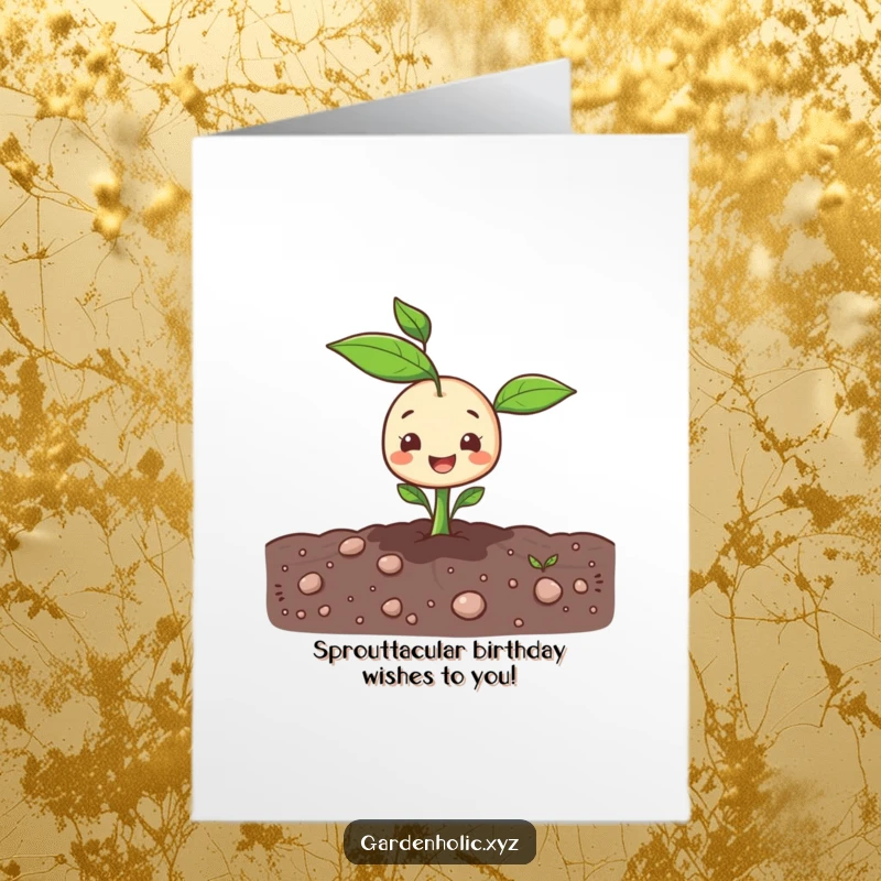 Funny Free Printable Birthday Card: A happy sprout character cheerfully pops out of the ground, ready to celebrate.