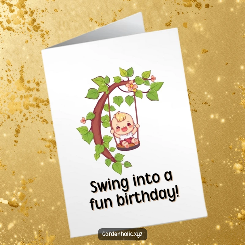 Funny Free Printable Birthday Card: Happy character gleefully slides down a vine like a playful swing, capturing the joy of a birthday adventure.