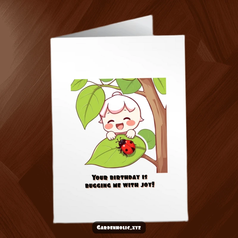 Funny Free Printable Birthday Card: Joyful character with rosy cheeks catching a ladybug on a leaf.