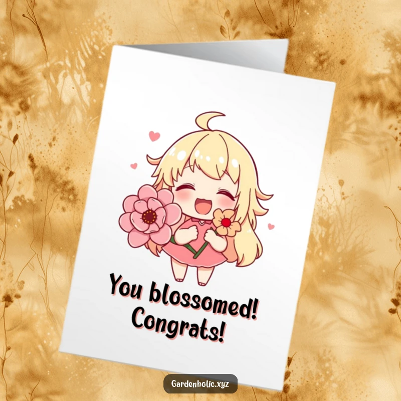 Funny free printable congratulations card showing a cute character proudly presenting a beautiful, blooming flower.