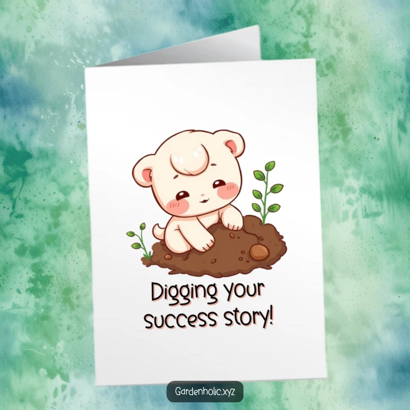 Funny Free Printable Congratulations Card: Character digging joyfully in rich soil, symbolizing effort and reward, a humorous downloadable greeting.