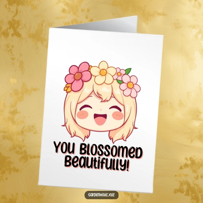 Funny Free Printable Congratulations Card: Joyful character wearing a flower crown, beaming with celebratory delight.