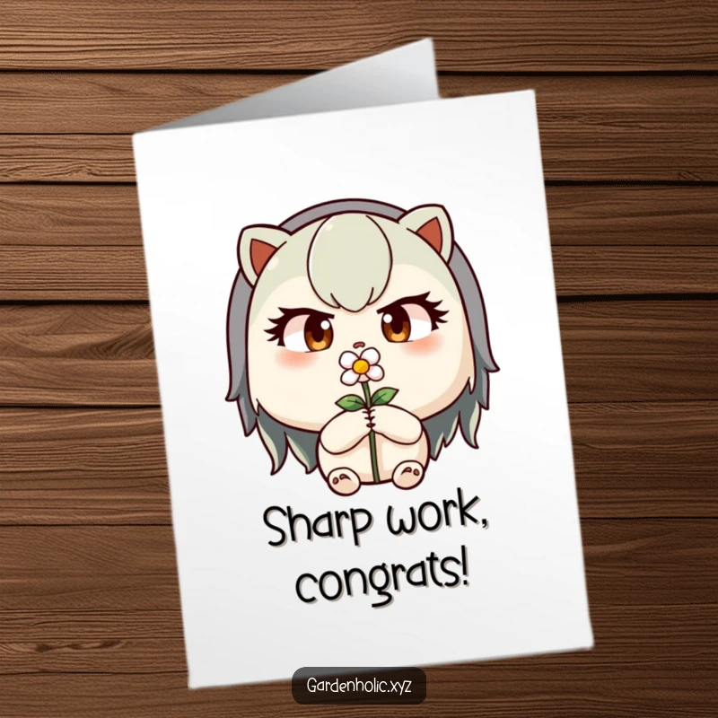 Funny Free Printable Congrats Card: Determined character with focused eyes carefully pruning a tiny flower.