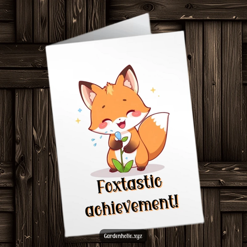 Funny Free Printable Congrats Card: Joyful fox showering a small plant with sparkling water, celebrating.