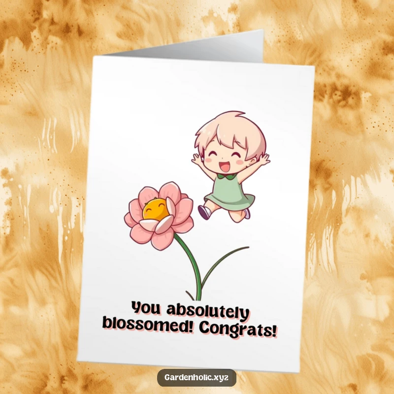 Funny Free Printable Congratulations Card: Character joyfully jumping over a blooming flower, symbolizing a successful leap and downloadable good wishes.