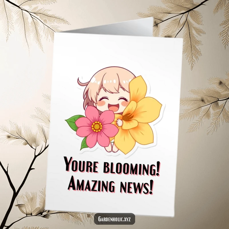 Funny Free Printable Congrats Card: A giggling character joyfully holding a big, bright flower.