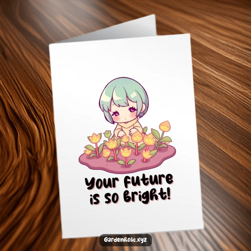 Funny Free Printable Congratulations Card: Character tending to luminous plants, symbolizing growth and success, a bright downloadable greeting.